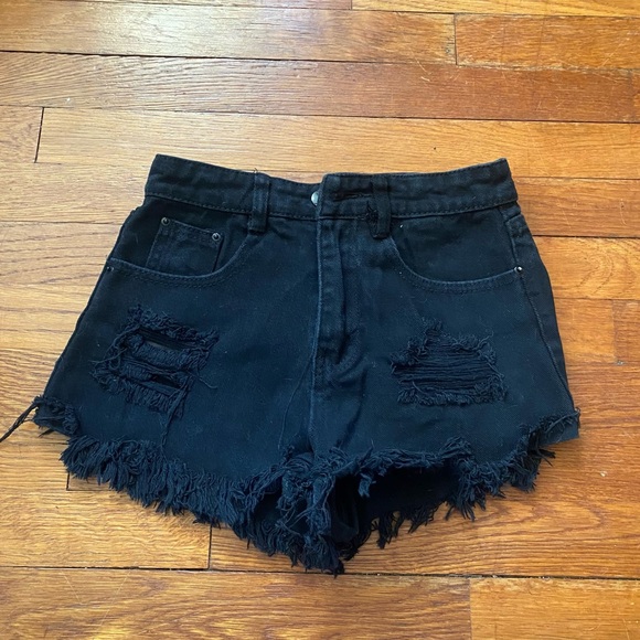 Pants - Black Distressed Denim Shorts